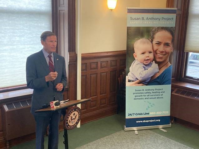 Blumenthal and domestic violence prevention advocates visited the Susan B. Anthony Project in Torrington to highlight the lifesaving provisions in the Bipartisan Safer Communities Act that strengthen protections for survivors of domestic violence. 